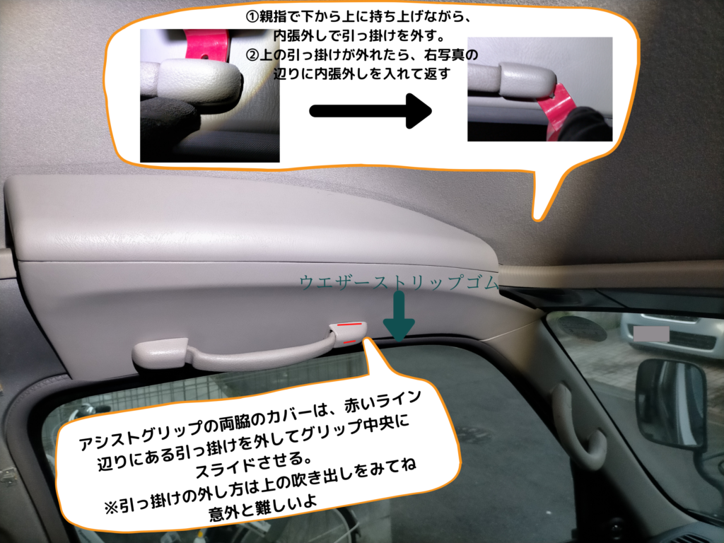 いすゞコモ（E25キャラバン）助手席上のアシストグリップの取り外し方法図解。ウェザーストリップを外して隙間から裏カバーを引き出しクリップを割らず後ろ端から真っ直ぐ引き抜くコツを示す。KTCハンディリムーバーATP2014使用推奨