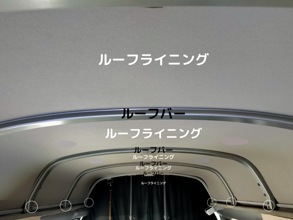 GSメタルシートMS-2（厚さ5mm）施工後にルーフライニング（内張り）とルーフバーを元に戻した完了状態。厚さわずか5mmのため内張りやルーフバーと干渉せずスムーズに復旧できる薄型断熱材の利点を示す。いすゞコモ（E25キャラバン・ハイエース）のルーフ断熱
