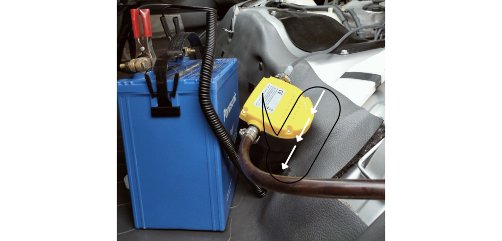 12V電動式オイルチェンジャー（AS-ee207）本体のステッカー矢印でオイルの流れる方向を示した説明図。赤クリップ＝バッテリープラス・黒クリップ＝マイナスに繋ぐ接続方法と、吸入側チューブ（レベルゲージ穴へ）・排出側チューブ（廃油容器へ）の方向をステッカー矢印で確認する手順