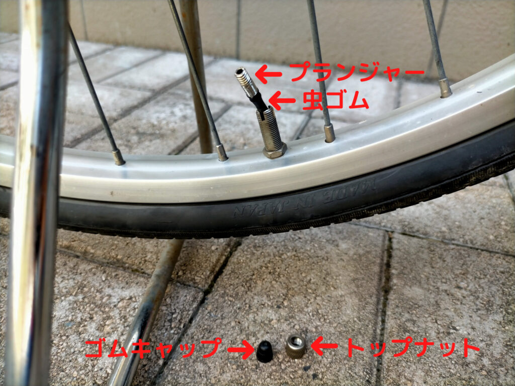 自転車英式バルブのプランジャー（弁棒）の外観。先端の虫ゴムが完全に取り外された状態。チューブ取り出し前にゴムキャップ・トップナット・プランジャーをすべて外して完全に空気を抜く工程で使用。付録の車輪各部名称図でもトップナット・プランジャー・虫ゴムの構造を図解