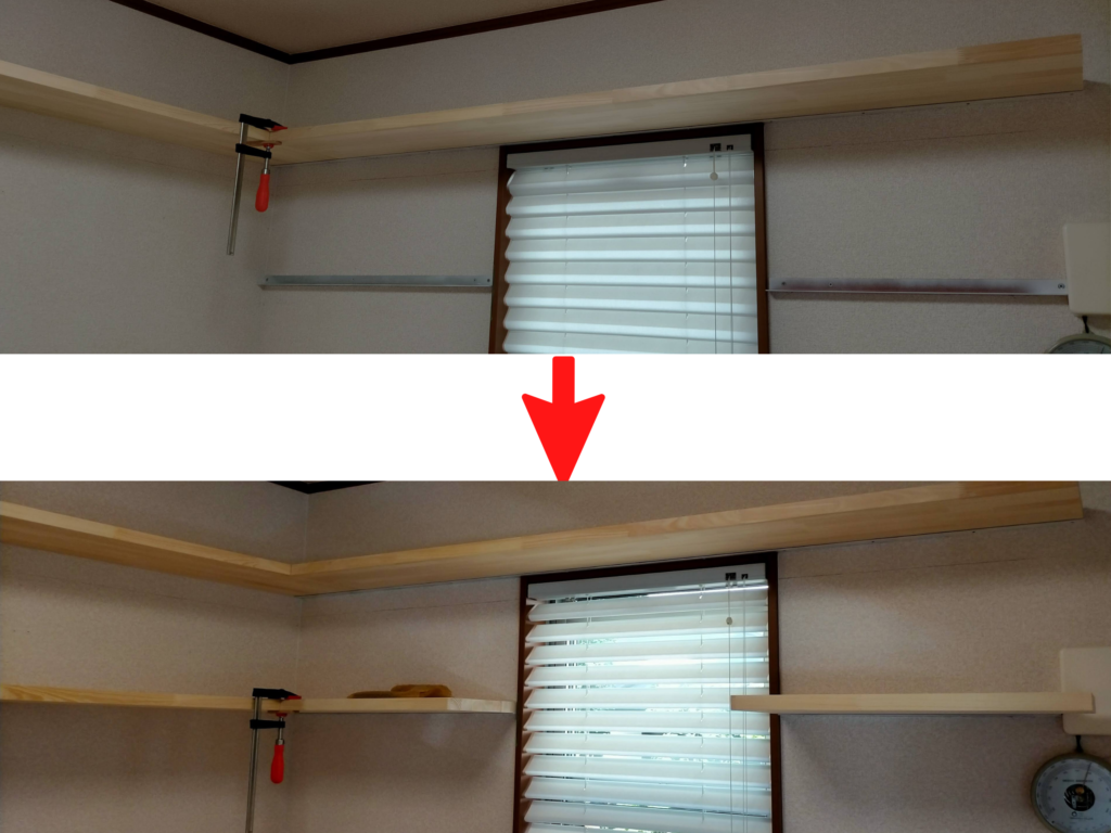 フローティングシェルフDIY・下段棚板の壁設置完了状態の図解。上段・下段2段構成のフローティングシェルフが完成。棚板の間隔・奥行き・取り付け高さの寸法関係を示す。壁にピタリと沿い脚が一本もない浮き棚の2段完成イメージ