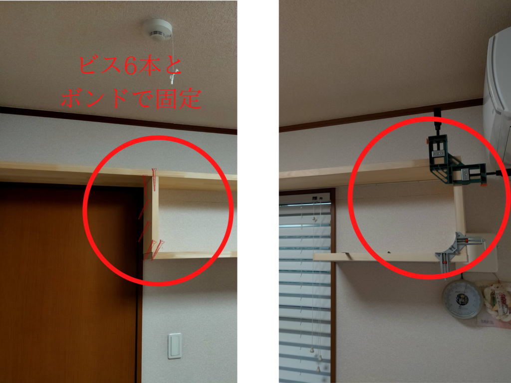 フローティングシェルフDIY・棚の側板と天板・底板をビス6本+木工ボンドで固定した側面構造の図解。ヒンジを兼ねた上下棚の接合部の固定方法説明。ビスとボンド併用で強度と精度を両立させる棚の組み立て構造図