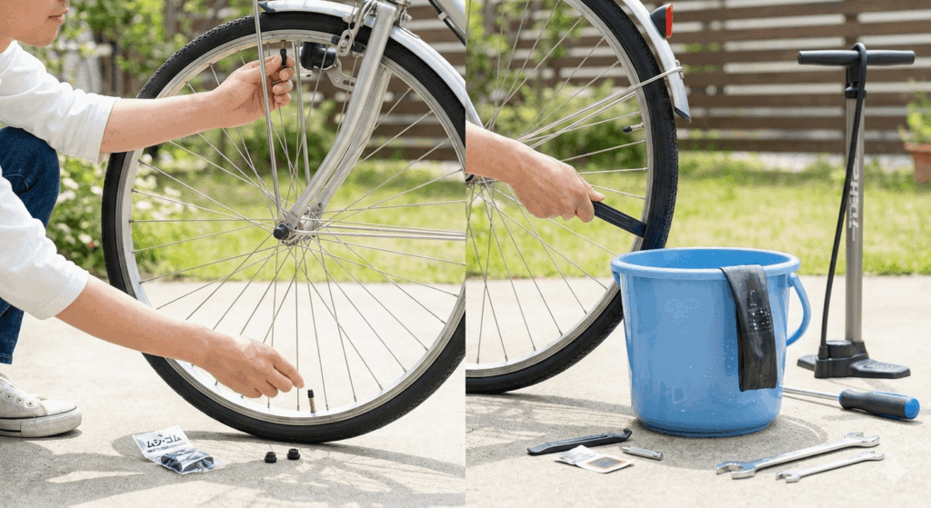 自転車パンク修理完全ガイドのアイキャッチ。英式バルブのママチャリ・電動自転車を対象に、虫ゴム交換（初級）とチューブパッチ修理（中級）の2ステップを初心者向けに解説。Panasonicビビ NX（26インチ電動自転車）を使った実作業写真付き
