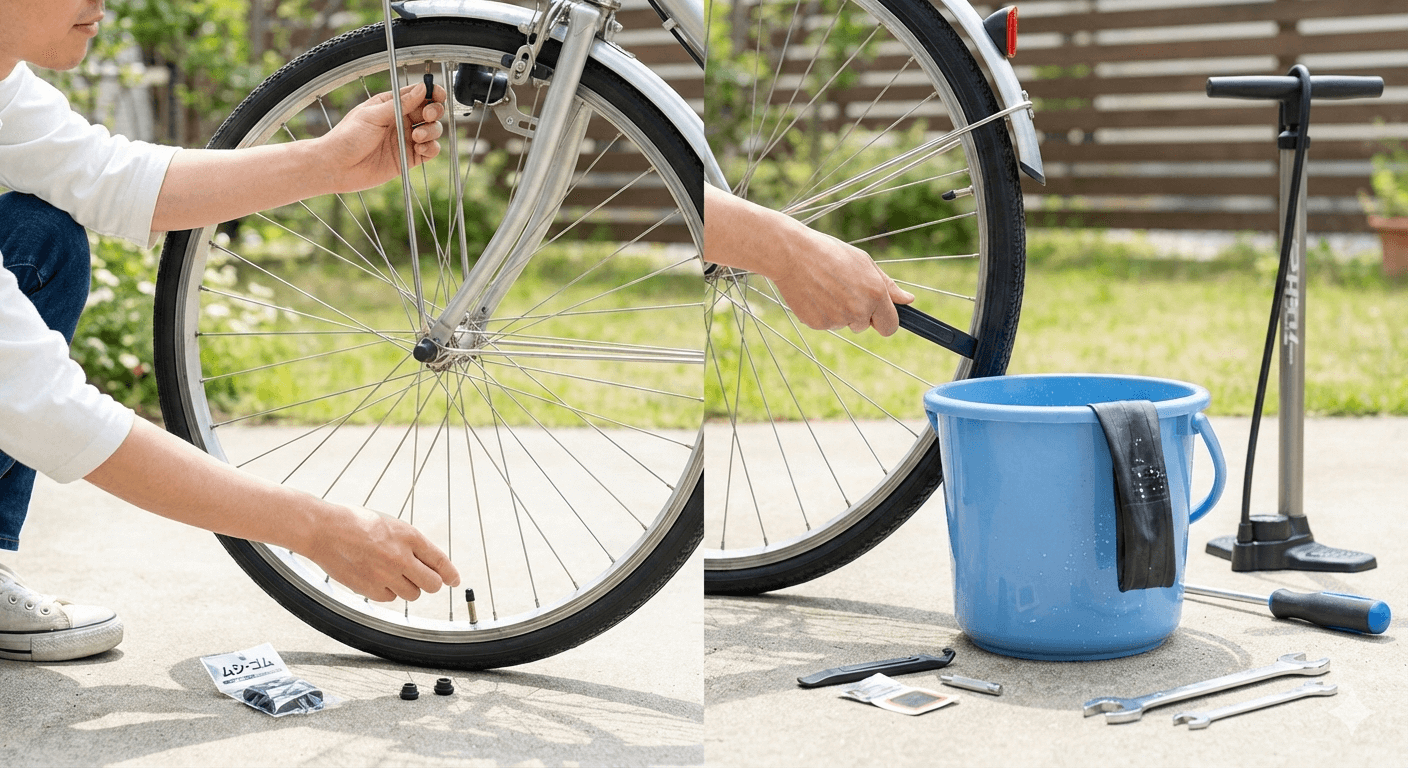 自転車パンク修理完全ガイドのアイキャッチ。英式バルブのママチャリ・電動自転車を対象に、虫ゴム交換（初級）とチューブパッチ修理（中級）の2ステップを初心者向けに解説。Panasonicビビ NX（26インチ電動自転車）を使った実作業写真付き