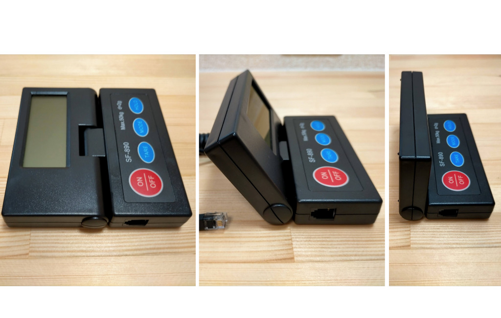 SF-890デジタル台はかりの表示部(ディスプレイ)の角度調整範囲図解。90度の範囲で無段階調整可能。固定できない角度もあるが細かく調整しなくても視認性は確保。隔測式で計量皿から離れた場所に表示部を置ける設計