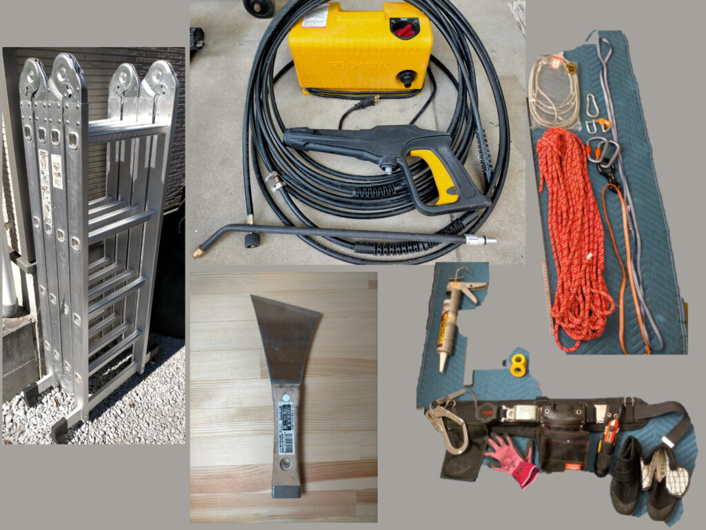 DIYモルタル外壁塗装に使用した工具一覧図解。高儀TAKAGI貫通皮スキY型75mm・ワイヤーブラシ・アイリスオーヤマ高圧洗浄機FBN-301（アンダーボディランスFAR付）・WEIMALL多機能はしご4.7m・藤井電工ツヨロン安全帯TB-RN-590・腰袋・ロープ・カラビナ