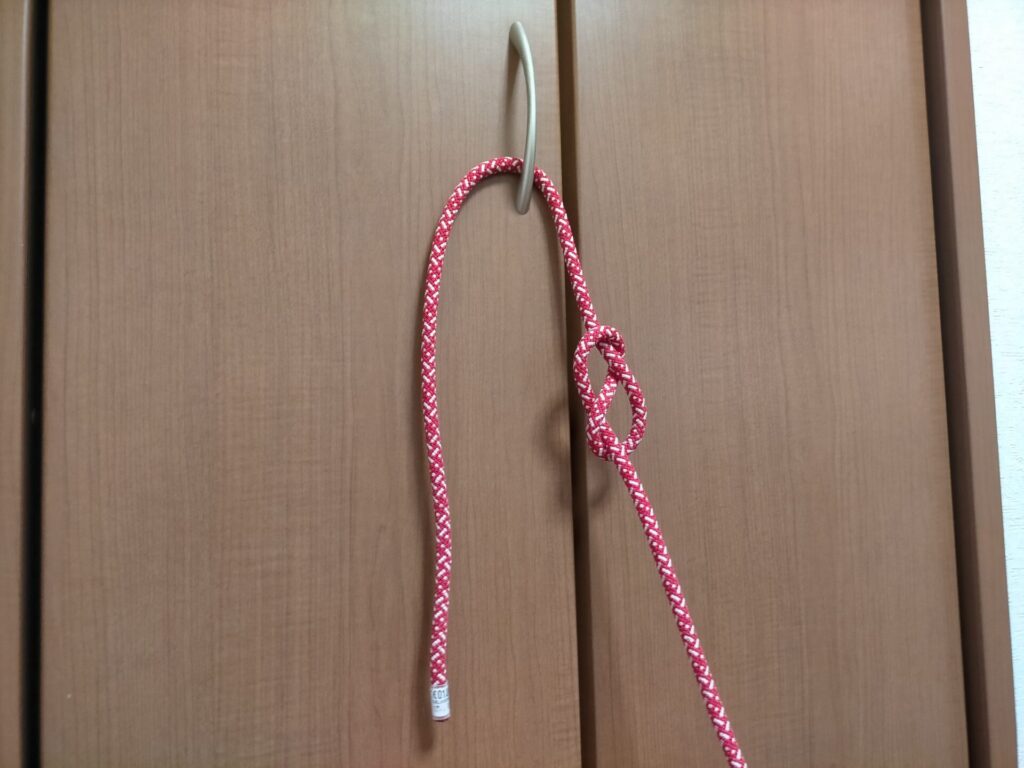 ダブルエイトノット(立木固定)の結び方手順5。上の輪にロープの先端を通す工程。最初に結んだエイトノットの輪のどこに通すかが重要ポイント。フォロースルーの後半工程