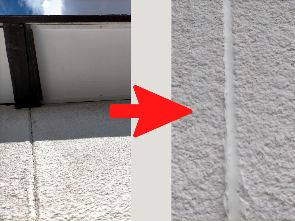 モルタル外壁・軒天のひび割れ・穴・目地にカンペハピオ変成シリコンシーラー（白・300ml）でシーリング（コーキング）処理した図解。雨水の浸入防止が目的。下塗り（カチオンシーラー）前の必須工程