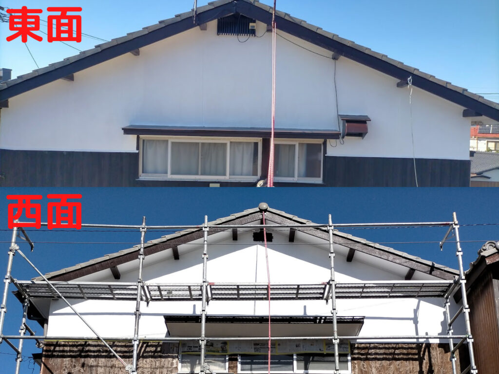 軒天修理DIYのアフター・東西面完成状態。ケイカル板（6mm）重ね張り・コーススレッド固定・変成シリコンシーリング・カンペハピオ水性シリコン多用途（白）塗装後の仕上がり。左端2カ所は塗装のみで対応し費用を抑えた合理的なDIY判断