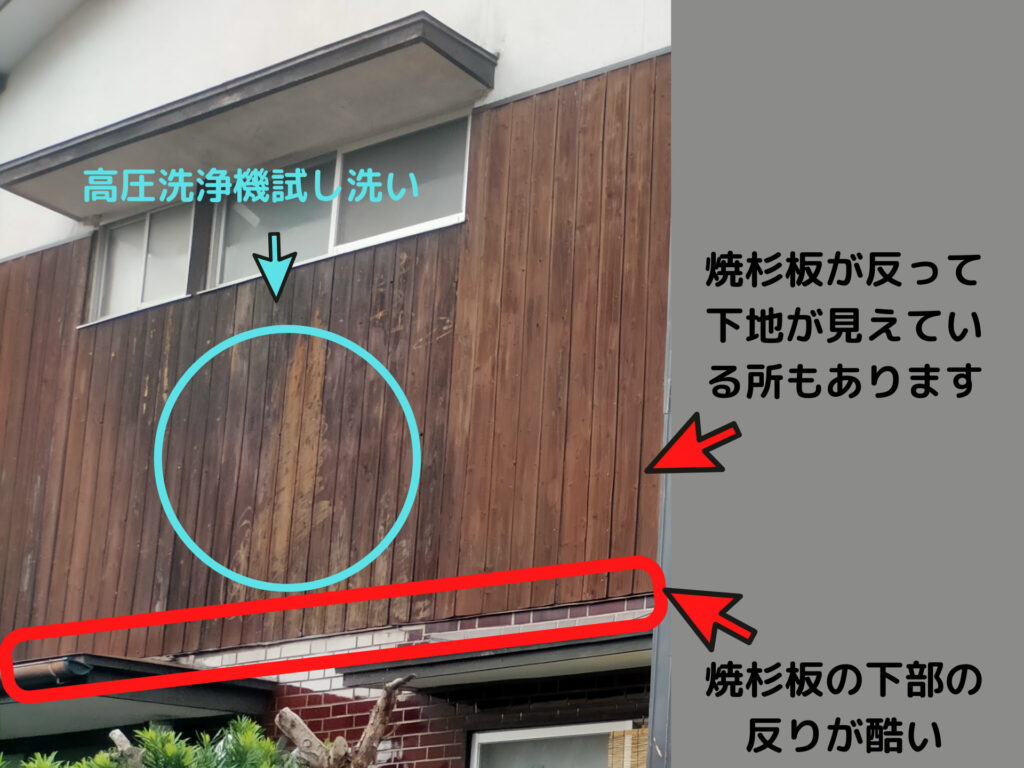 外壁焼杉板の塗装前状態確認と高圧洗浄機（アイリスオーヤマFBN-301）による試し洗い。反りがひどく釘が効いていない状態。塗装後に浸透性塗料で柔軟性が増してからコーススレッドで増し止めする工程順を決めた判断材料