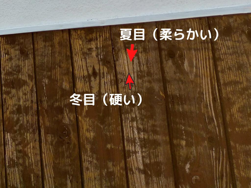 高圧洗浄後の焼杉板表面に現れた夏目（柔らかく削れた部分）と冬目（硬い部分）の違いがわかる状態。夏目が削れて凹凸が生じるが浸透性塗料（ナフタデコール）はぐんぐん吸い込むため防虫防腐効果が高まる