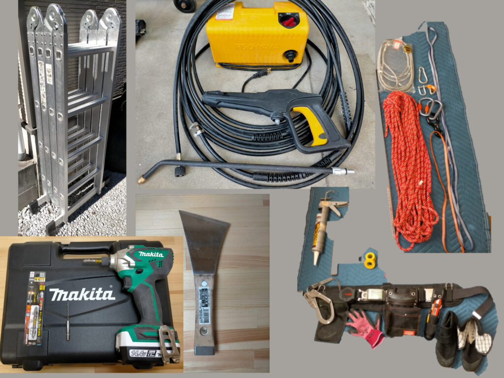焼杉板外壁塗装DIYに使用した工具一覧の図解。マキタインパクトドライバMTD001DSX・皮スキ（スクレーパー）・ワイヤーブラシ・アイリスオーヤマ高圧洗浄機FBN-301・多機能はしご・藤井電工ツヨロン安全帯TB-RN-590・腰袋・ロープ・カラビナ