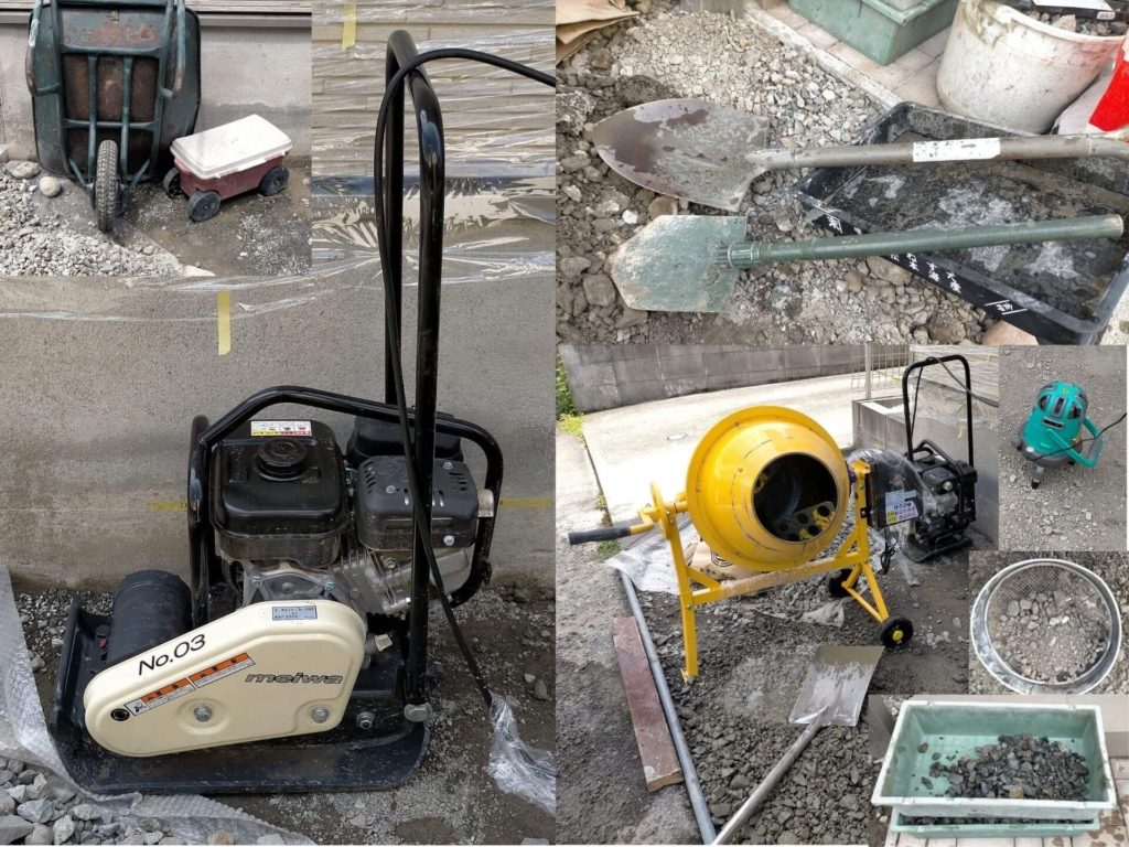 ポーラスコンクリートDIY土間打ちに使用した工具一覧。アルミス電動コンクリートミキサーまぜ太郎AMZ-30Y（約25,000円）・プレートコンパクター転圧機（レンタル1日2,500円）・一輪車・スコップ・トロ舟・木枠材