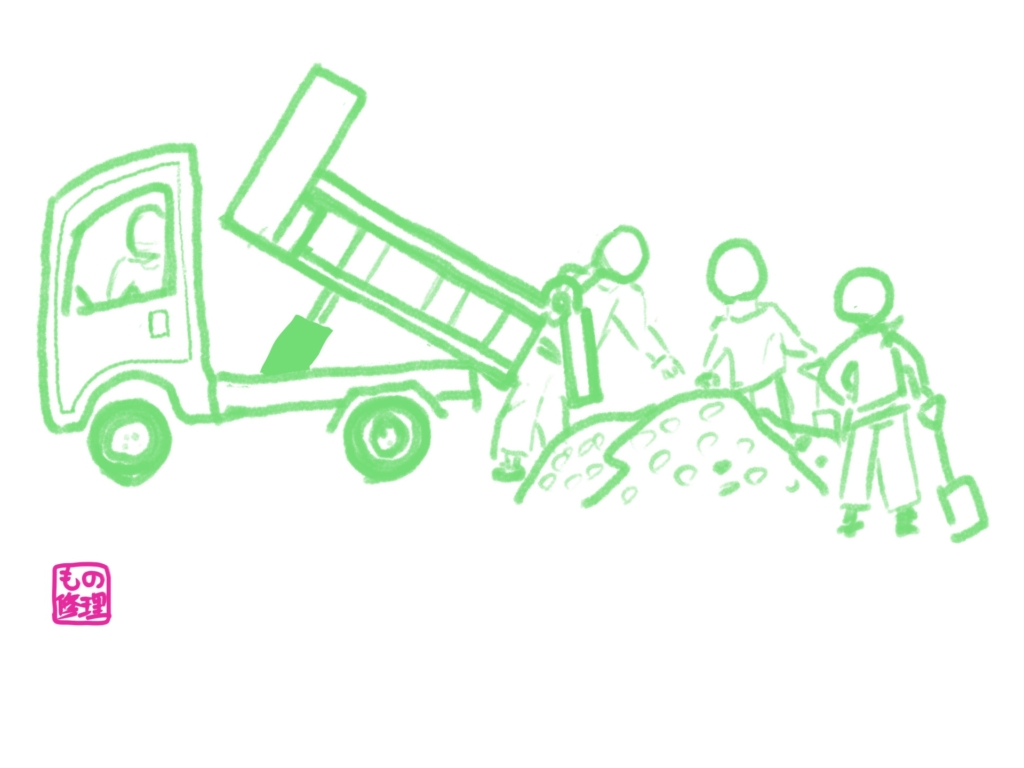 建材店から2tダンプで配達された石灰砕石0.5立米（約800kg）を施工場所から約3mの位置に荷下ろしする様子を描いたイラスト。建材店での砂利調達はホームセンター比2.7倍お得