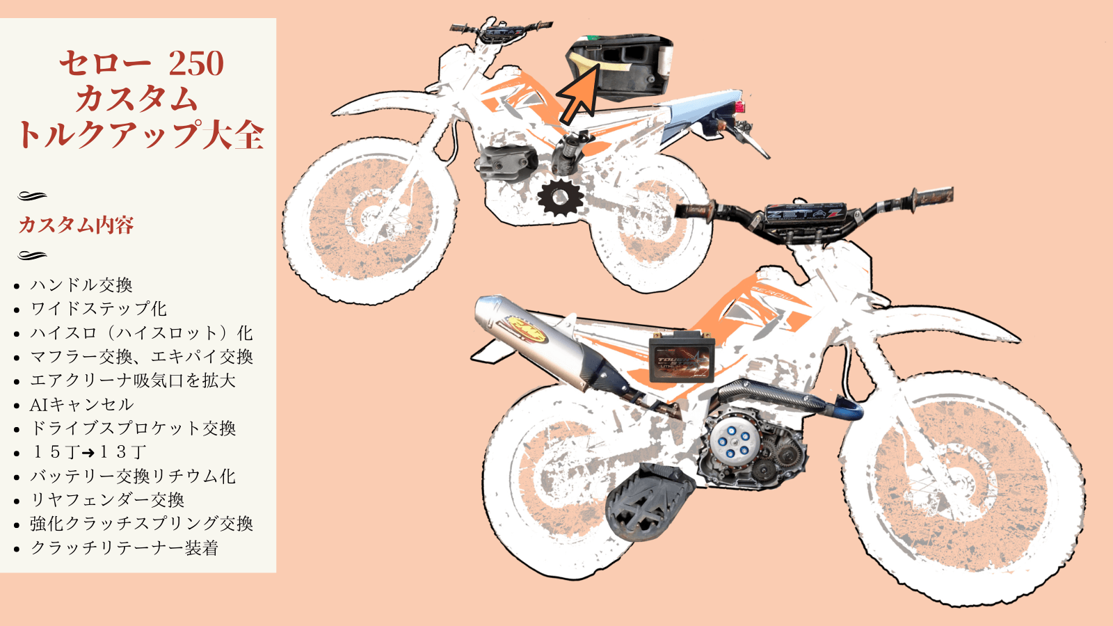 セロー250（DG17J）の低速トルクアップ・フロントアップカスタム完全ガイド：ハンドル交換・ハイスロ・マフラー・スプロケット・クラッチ・軽量化の全メニューを解説するアイキャッチ