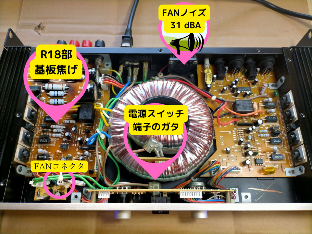 Classic Pro CP400内部をエアコンプレッサーと掃除機でホコリ除去した清掃後の状態。基板焦げ（抵抗器R18付近）を点検中。ファンレス化の危険性（発熱リスク）を確認し冷却ファン交換方針を決定した段階