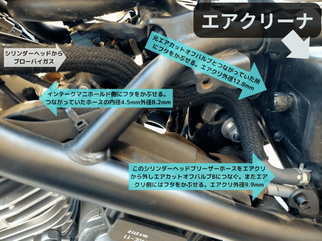 セロー250AIS改造後に二次エア吸入防止のため耐熱ゴムキャップで塞ぐ必要がある3箇所（インマニニップル・エアクリ上下2箇所）の位置を青矢印で示した説明図