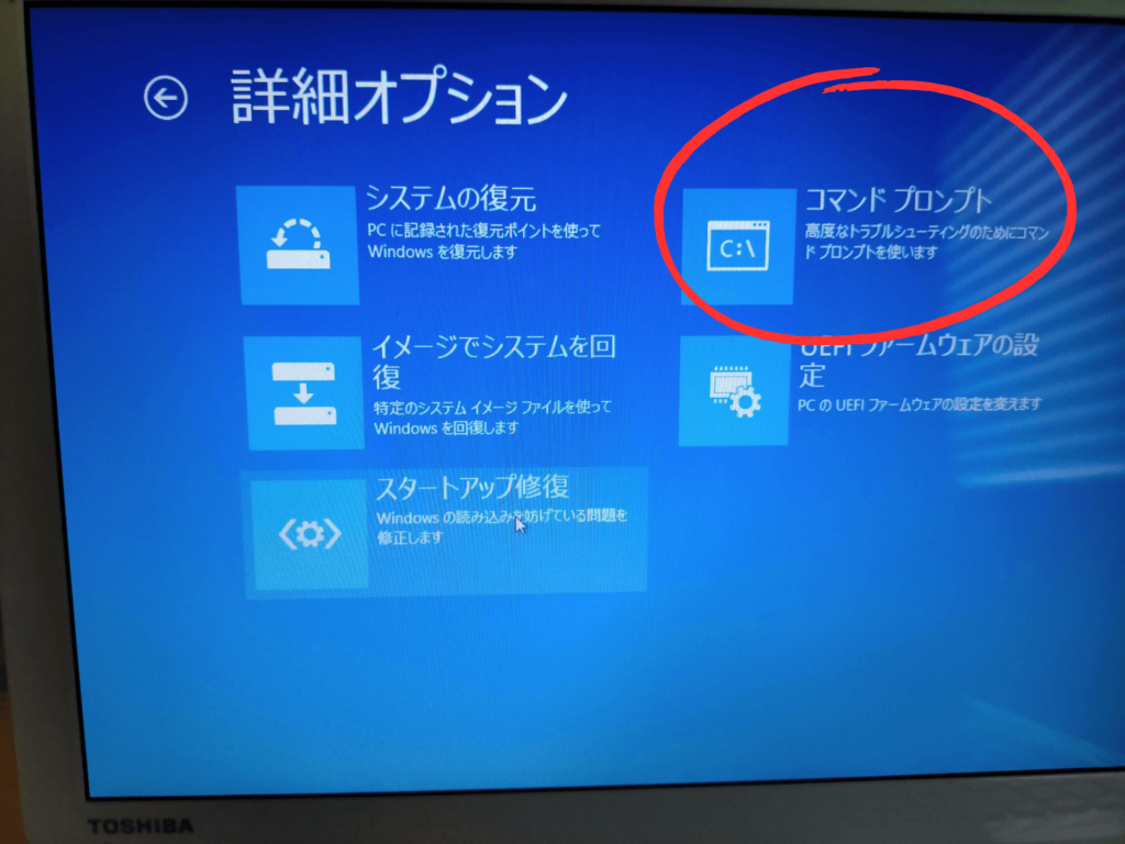 詳細オプション画面で「コマンドプロンプト」を選択