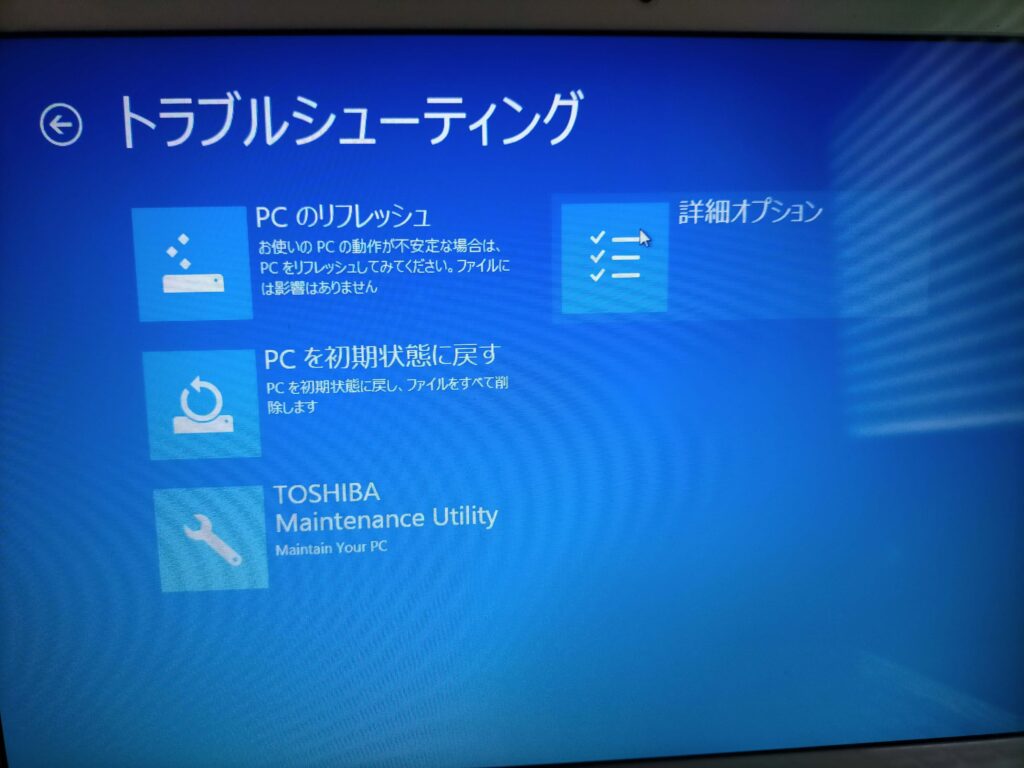 トラブルシューティング画面「詳細オプション」を選択