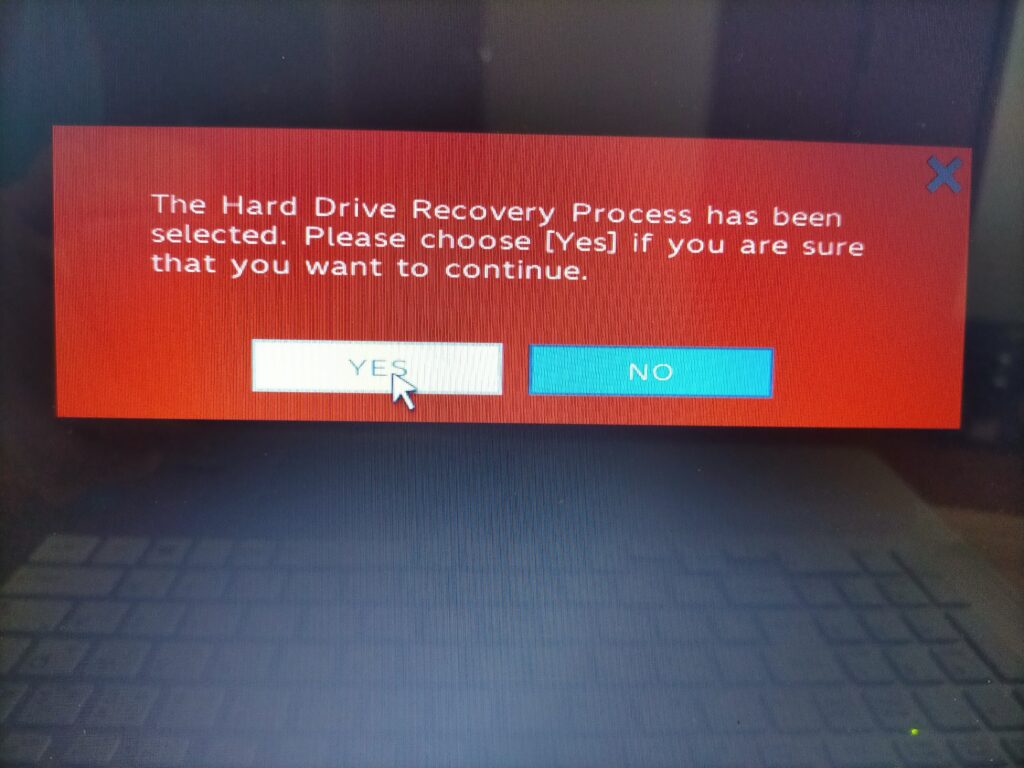 「The Hard Drive Recovery Process has been selected」でYES選択