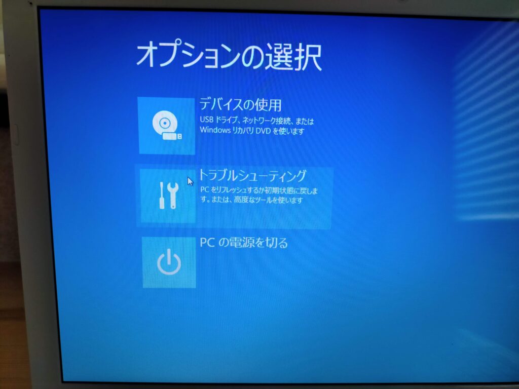 オプション選択画面で「トラブルシューティング」をクリック