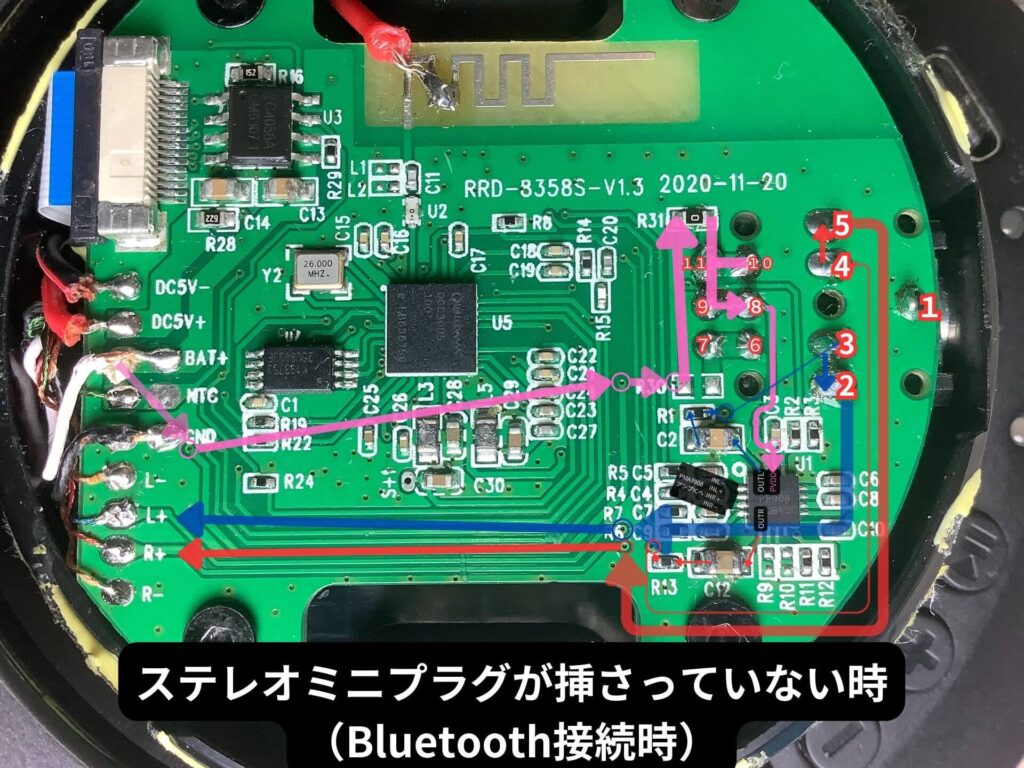 CPH7000BTのBluetoothワイヤレス接続時における基板上の音声信号とアンプ電源の回路図