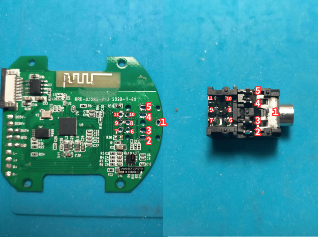 CPH7000BTのメイン基板から11ピンの3.5mmステレオミニプラグコネクタを取り外した状態