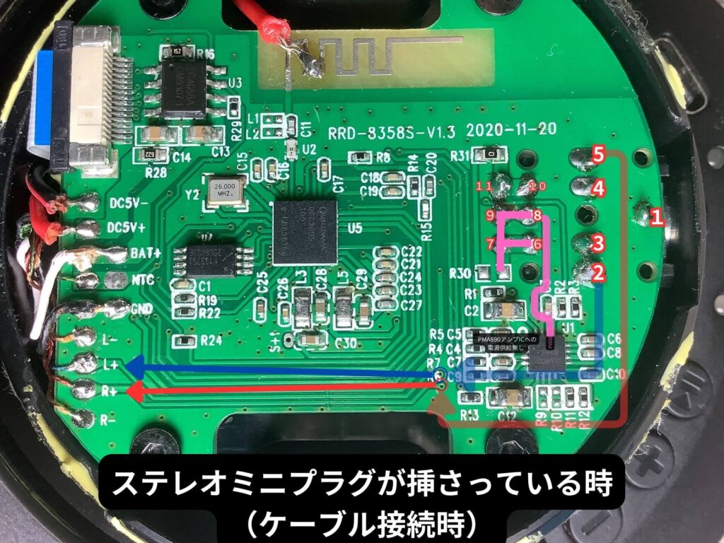 CPH7000BTの有線ケーブル接続時における基板上の音声信号の回路図と電気の流れ