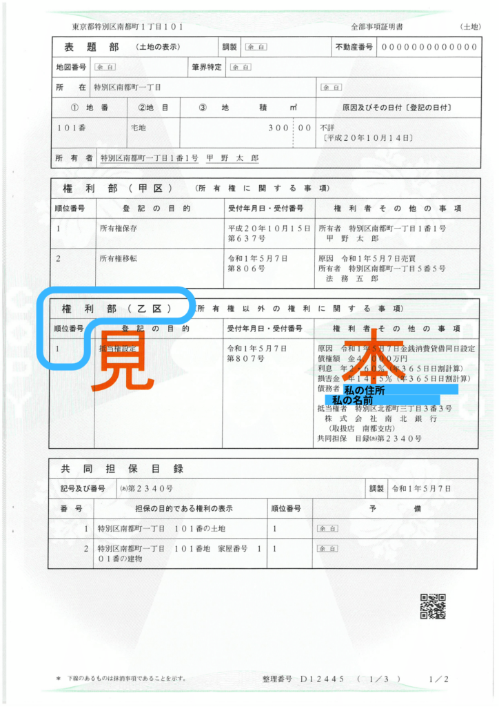 法務省「不動産登記のABC」より引用した、登記事項証明書と現在の氏名・住所の一致を確認するための解説図解(全部事項証明書)