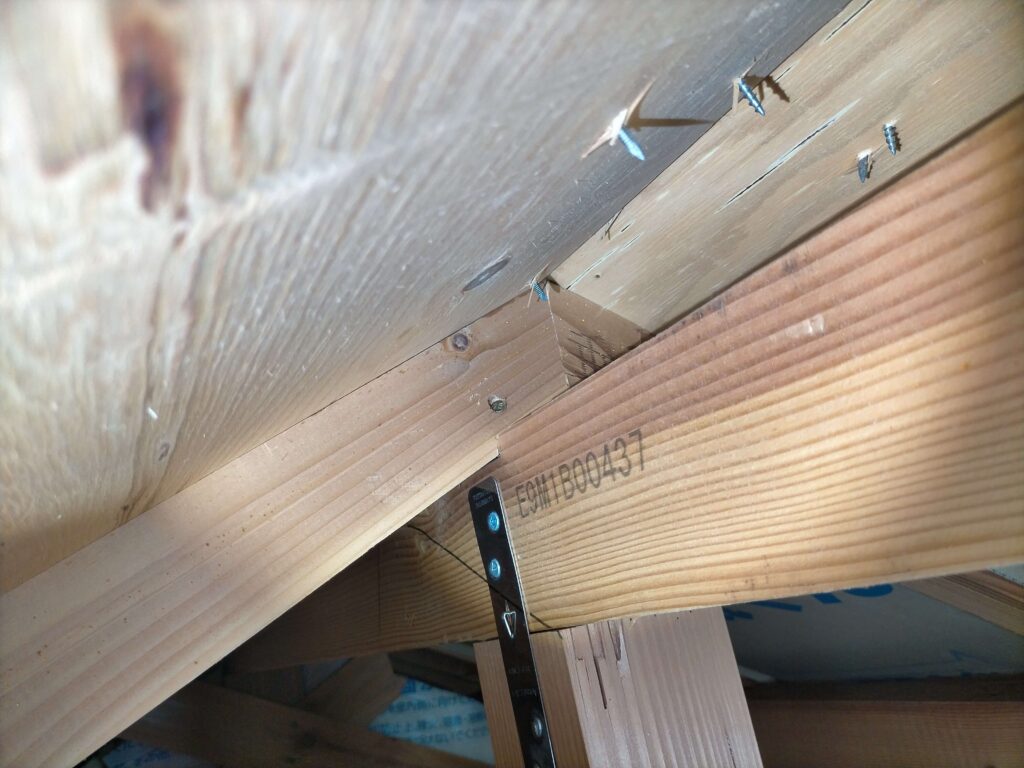 棟木にかかる垂木(通気路の穴をあける前の状態)