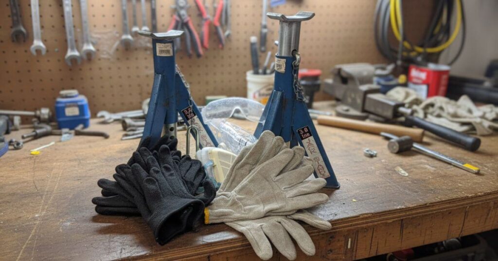 車・バイクのDIY整備に必要な安全装備（保護メガネ、手袋、マスク等）の集合写真