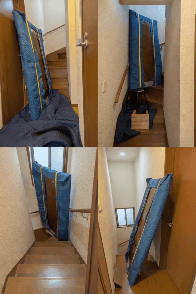 一人で一枚板を一階から二階に上げた連続写真