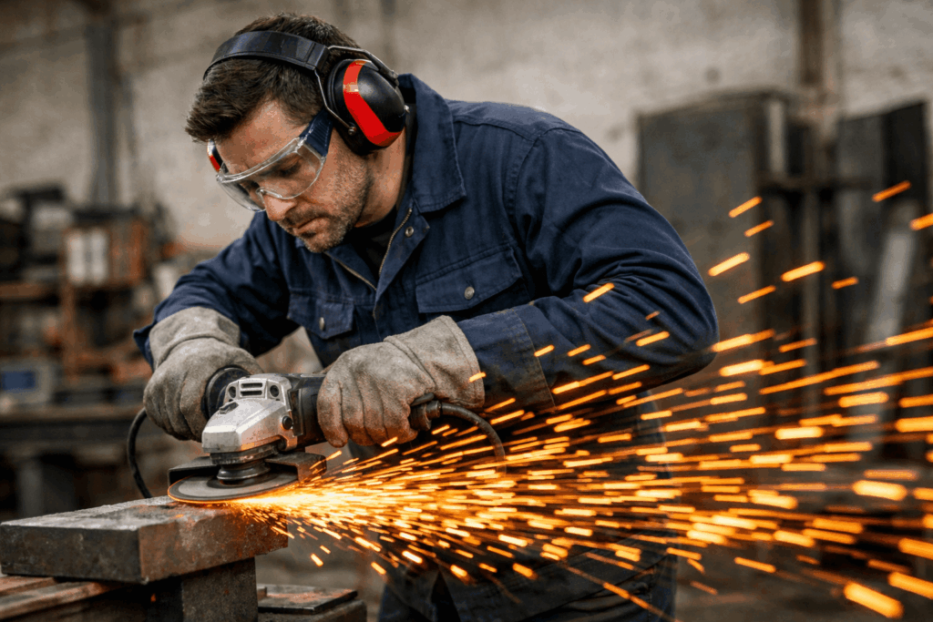 イヤーマフと防護メガネを装着し、騒音の出る鉄の切断作業をしている作業員