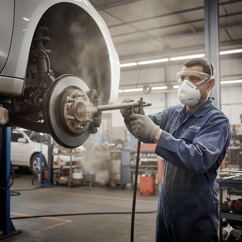 防じんマスク3M(スリーエム) 8805-DS2と防護メガネをした整備士が、ブレーキダストをエアーで吹かしてブレーキダストが沢山舞っている写真