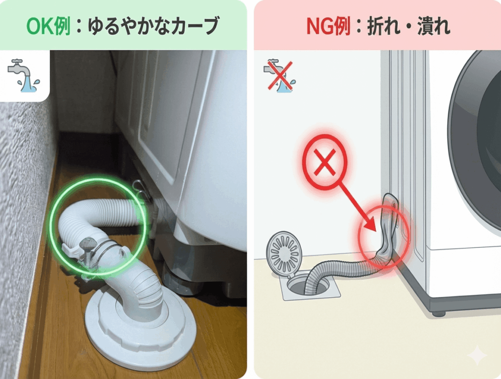 緩やかなカーブを描いて取り付けられた排水ホースOK例と排水ホースが潰れて引き回されたNG例
