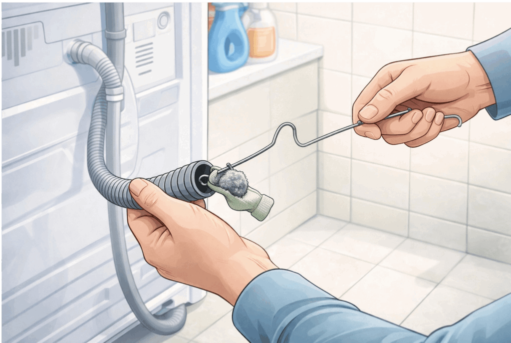 針金ハンガーを使って洗濯機の排水ホース内部に詰まった異物を掻き出す方法