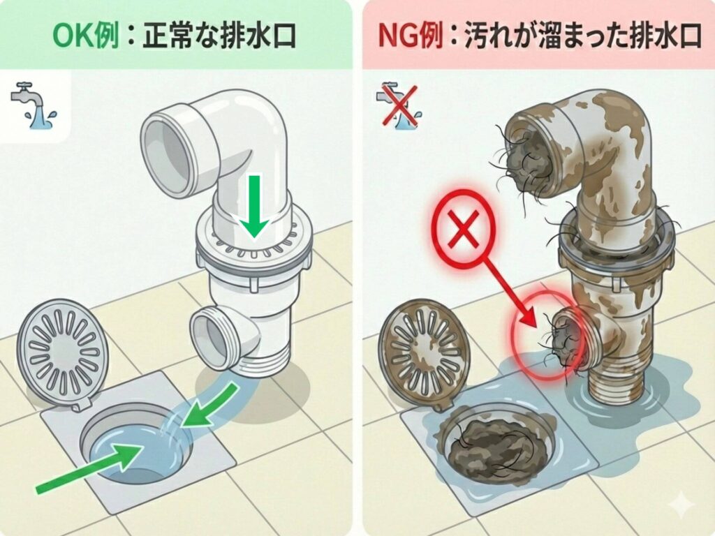 正常な排水口とトラップと、汚れている排水口とトラップの比較イラスト