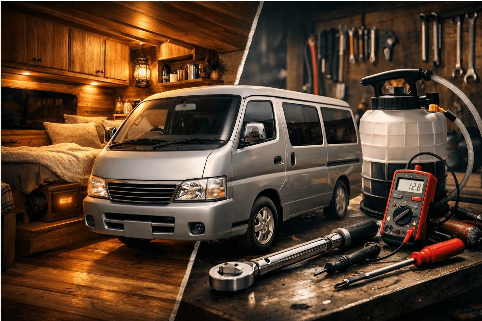 E25キャラバン（いすゞコモ）のDIY整備と車中泊カスタムの様子。工具と車が写る。