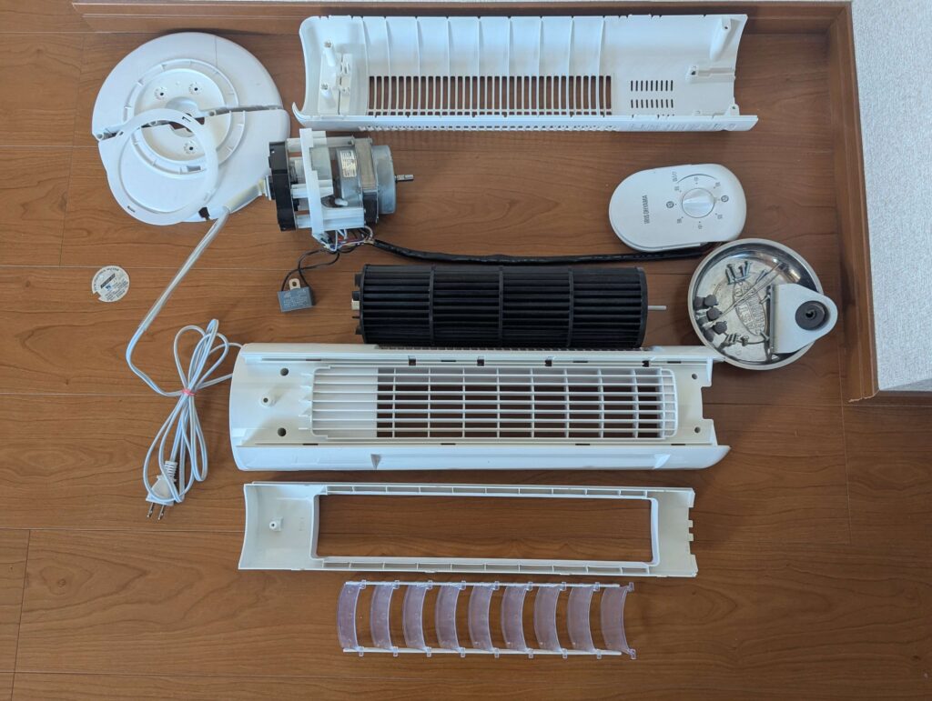 アイリスオーヤマTWF-M6T-Wタワーファンを完全分解した状態