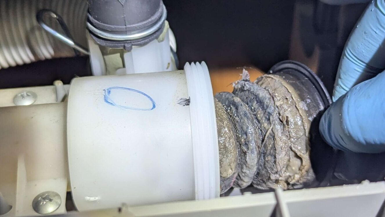 洗濯機排水弁からゴム製の弁パッキンを取り外す作業