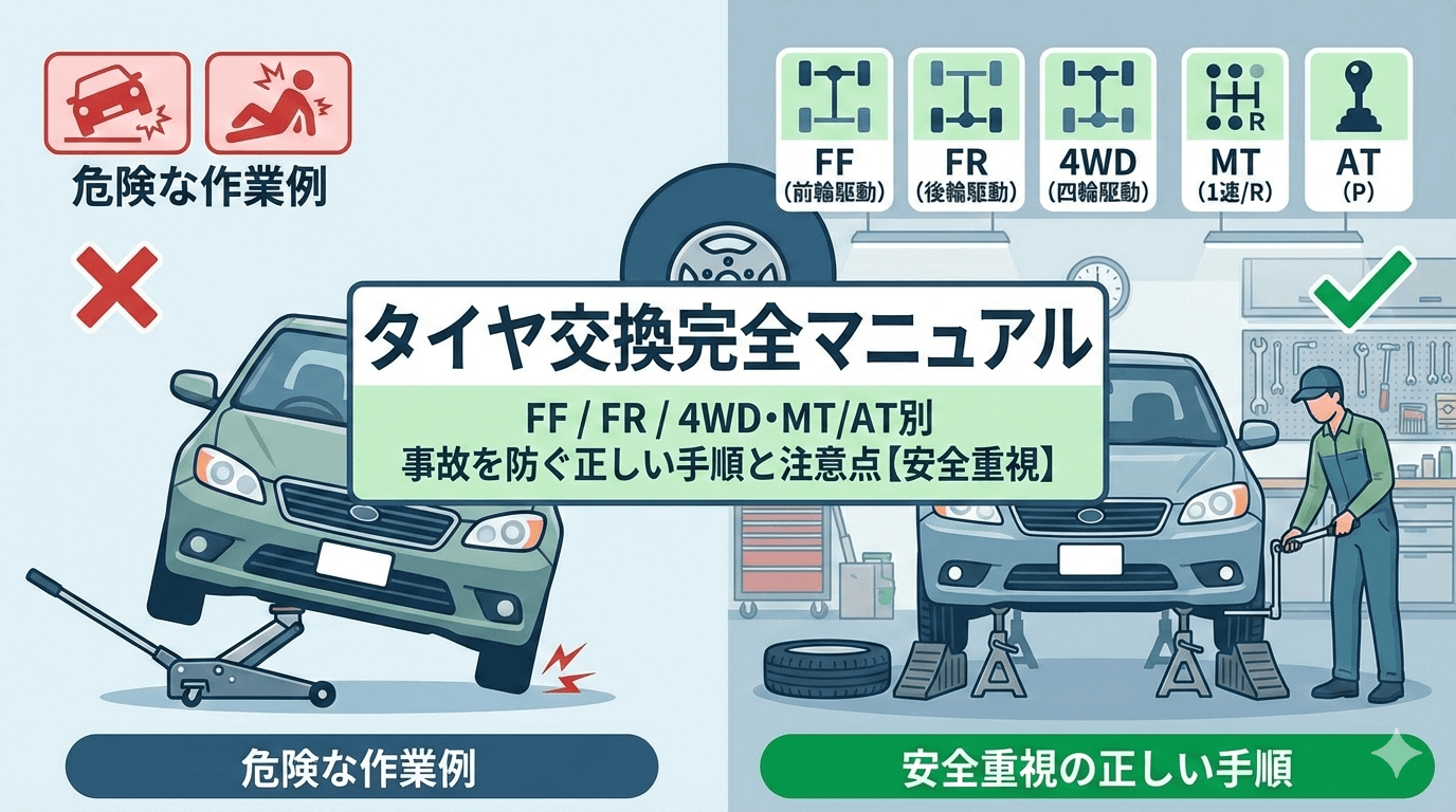 タイヤ交換の正しい手順と安全対策を解説するアイキャッチ画像。フロアジャッキ、トルクレンチ、タイヤ止めのイラストや写真が含まれる。