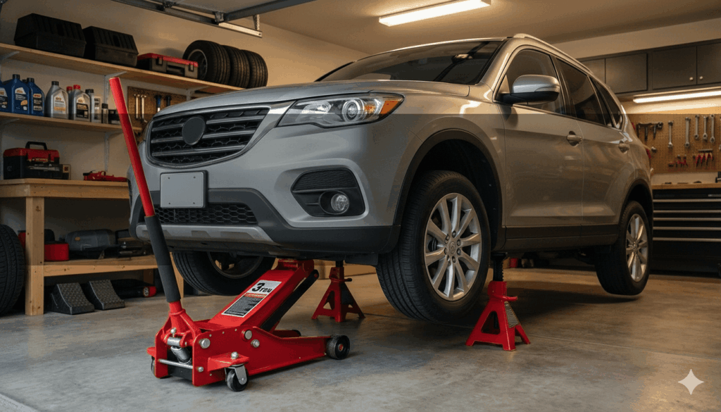 フロアジャッキで車体フロントを上げてジャッキスタンドに設置したところ