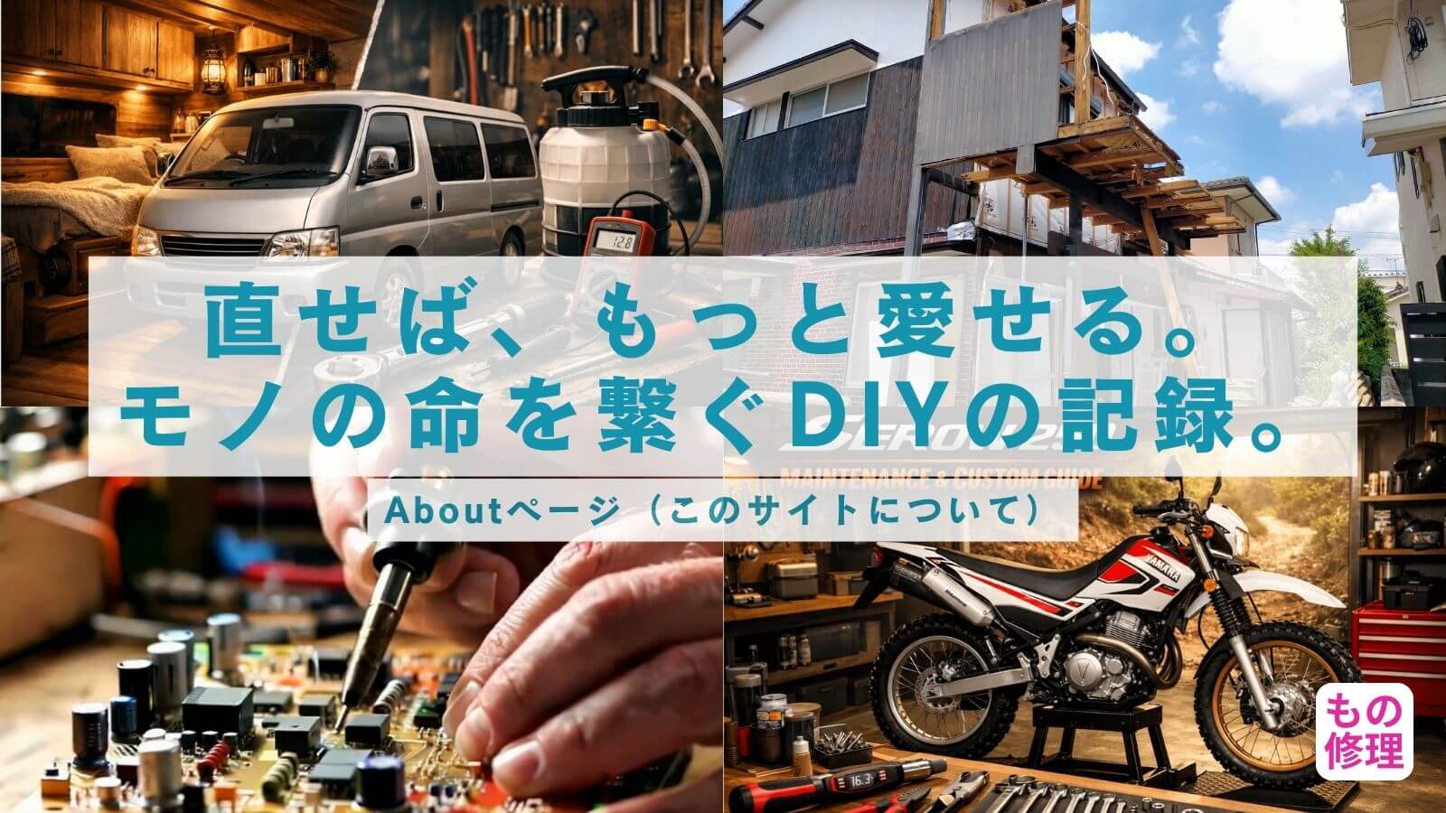 もの修理のサイト紹介。左上にキャラバンの車中泊仕様カスタム、右上に実家の減築・建築DIY、左下にはんだ作業、右下にガレージでのセロー250メンテナンス。中央には『直せば、もっと愛せる。モノの命を繋ぐDIYの記録。』というキャッチコピー