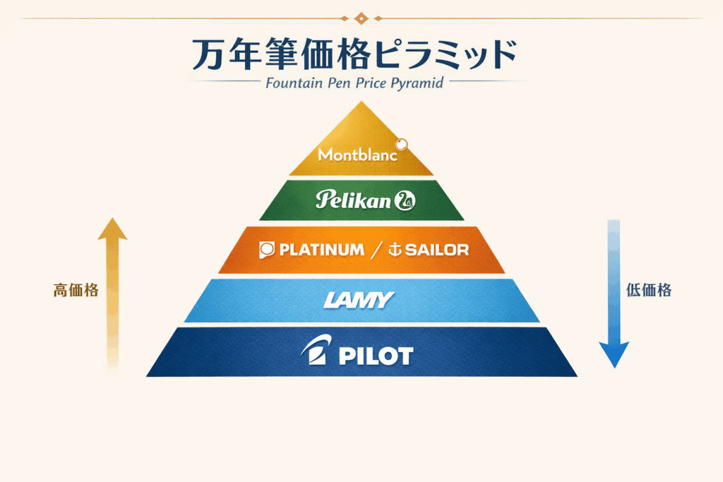 万年筆価格ピラミッド（世界メーカー格付け）インフォグラフィック図