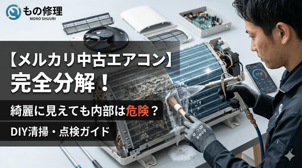 メルカリで購入した中古エアコンの室内機フィン（熱交換器）を、DIYでプロ用クリーナーとブラシを使って洗浄している様子。洗浄前と洗浄後のフィンの状態が比較でき、記事を読むことでエアコン掃除の効果が直感的に伝わるアイキャッチ画像。