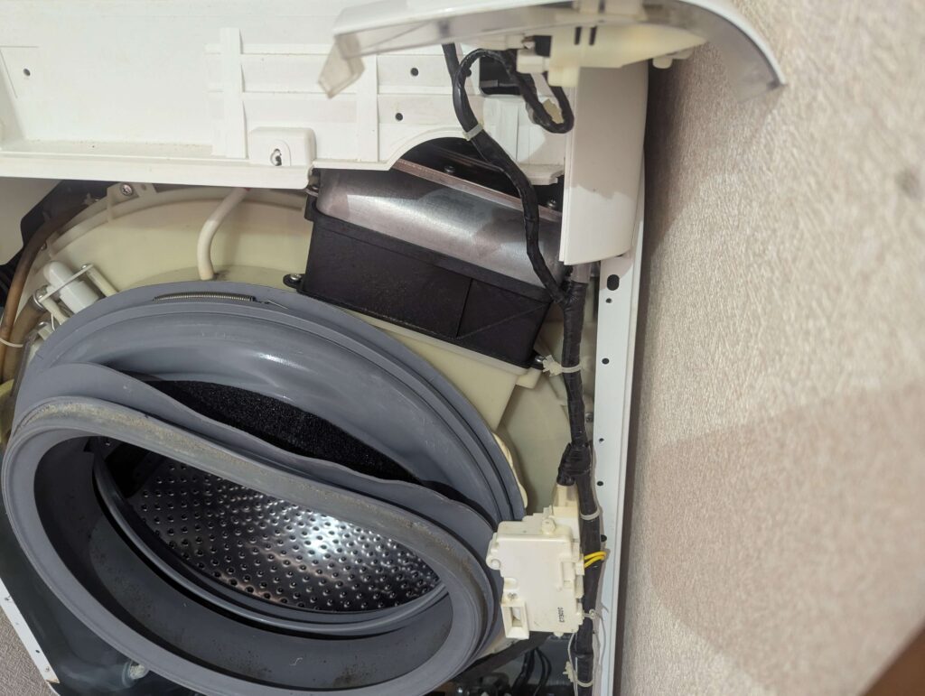 東芝 TW-160SCH ドラム式洗濯機のドアパッキン内部に封入されていたシリコングリスを含ませた黒いスポンジ。ドアパッキン取り外し時に発見。19年使用後もシリコングリスが保持されており、パッキンの弾力が維持されていた状態