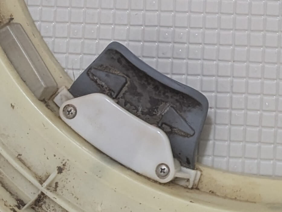 東芝 TW-160SCH ドラム式洗濯機の循環シャワー出口(槽内シャワー部)のシリコン部分に発生した黒カビのカビ取り前(Before)。カビキラーを数回噴霧して撃退する前の状態。洗剤液の循環経路における汚染箇所