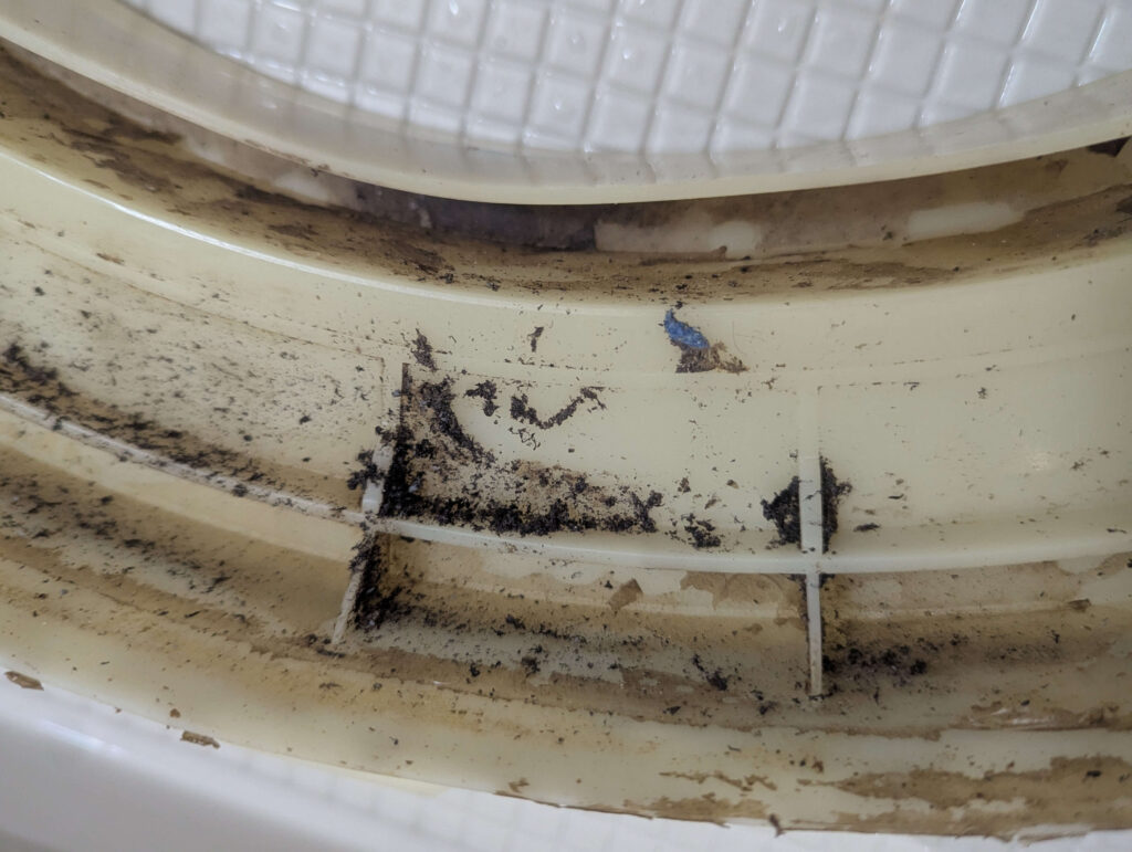 東芝 TW-160SCH ドラム式洗濯機の外槽前カバー内側に19年分の柔軟剤・洗剤カスがヘドロ化・カビ化した汚れ。黒いワカメの主な発生源のひとつ。乾燥するとワカメ状の固形物になって洗濯物に付着する。清掃前の状態