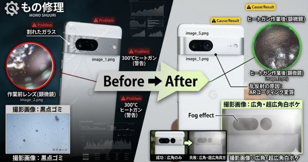 Pixel 7のカメラガラス交換（非分解）失敗による熱ダメージと白ボケのBefore/After比較画像