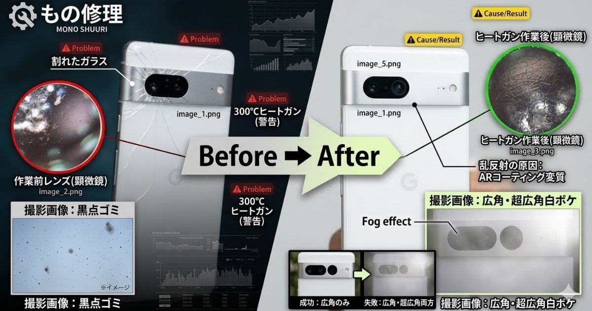 Pixel 7のカメラガラス交換（非分解）失敗による熱ダメージと白ボケのBefore/After比較画像
